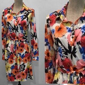 Zena Floral Stretch Shirt Dress Size Small Belted Long Sleeve Colourful Print